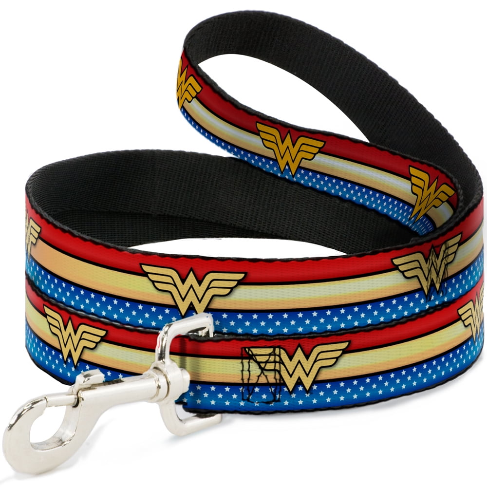 DC Comics Pet Leash, Dog Leash, Wonder Woman Logo Stripe Stars Red Gold Blue White, 6 Feet Long 1.0 Inch Wide