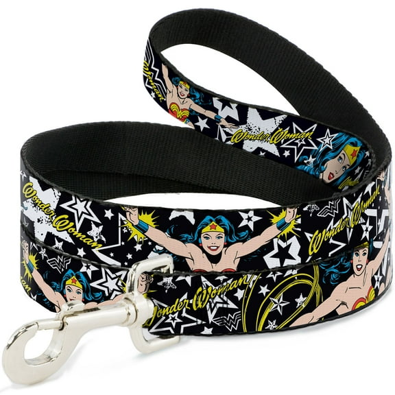 DC Comics Pet Leash, Dog Leash, Wonder Woman Stars&nbsp;Black White, 6 Feet Long 1.0 Inch Wide