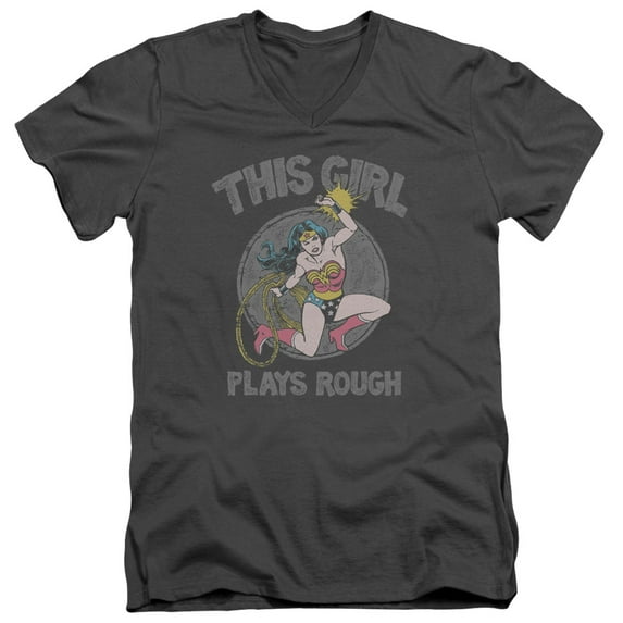 DC Comics Plays Rough S/S Adult V-Neck T-Shirt Charcoal