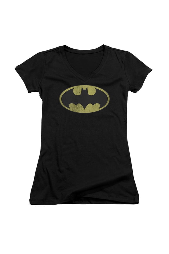 DC Comics Retro Bat Logo Distressed Junior Women's V-Neck T-Shirt Black