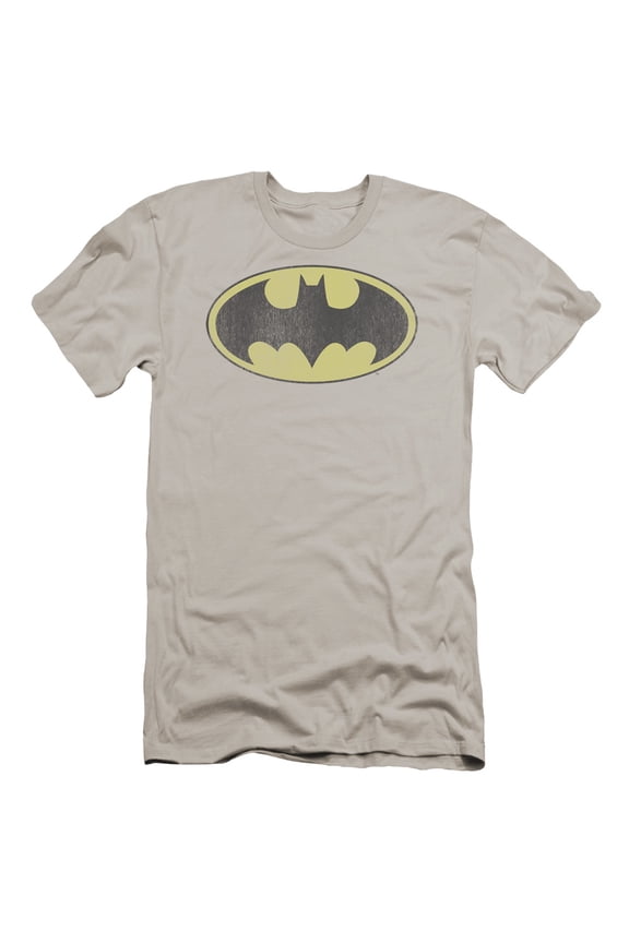 DC Comics Retro Bat Logo Distressed Premium Canvas Adult Slim Fit 30/1 T-Shirt Silver