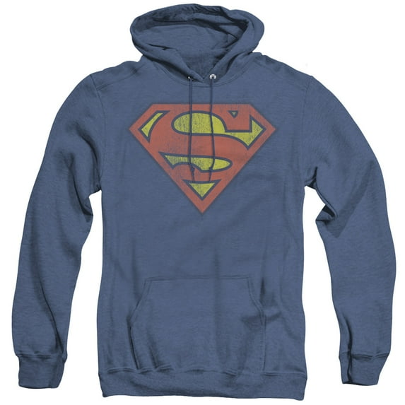 DC Comics Retro Supes Logo Distressed Adult Heather Hoodie Sweatshirt Royal Blue