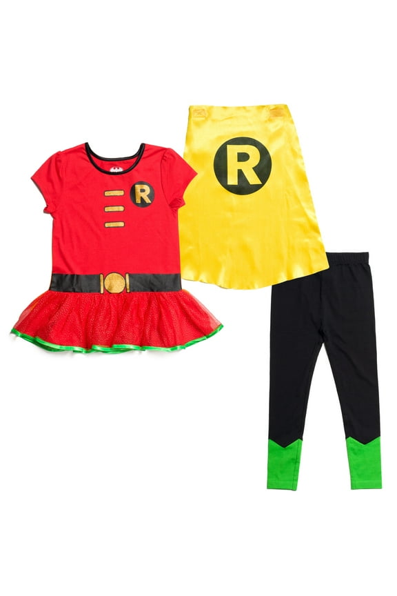 Robin Cosplay T-Shirt, Dress Leggings and Cape 3 Piece Toddler to Big Kid