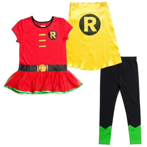 DC Comics Robin Cosplay T-Shirt, Dress Leggings and Cape 3 Piece Toddler to Big Kid