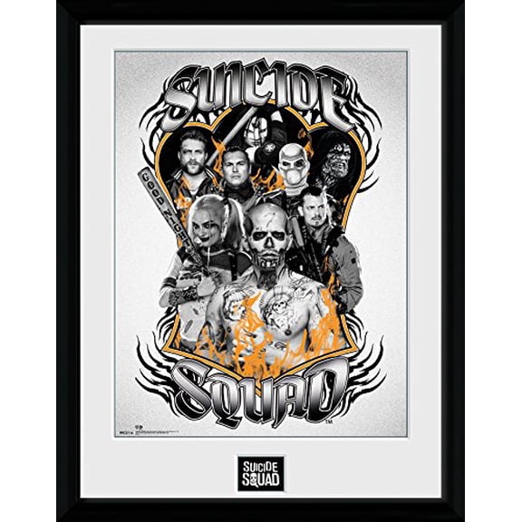 DC Comics Suicide Squad-Group Orange Flame Framed Photograph, Wood, Multi-Colour, 30 X 40 cm