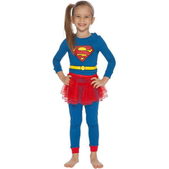 DC Comics Supergirl Tutu 3 Piece Tight Fit Long Sleeve Girls Pajama Set Loungewear Sleepwear