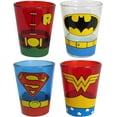 thumbnail image 1 of Silver Buffalo DC Comics Justice League Superhero Uniforms Featuring Robin, Batman, Superman, and Wonder Woman 4 Pack Mini Glasses, 1.5 Ounces, 1 of 3