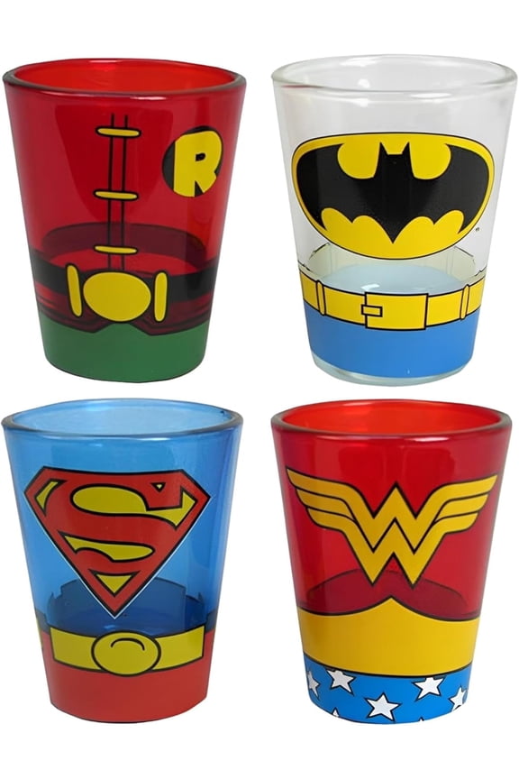 DC Comics Justice League Superhero Uniforms Featuring Robin, Batman, Superman, and Wonder Woman 4 Pack Mini Glasses, 1.5 Ounces