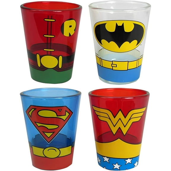 Silver Buffalo DC Comics Justice League Superhero Uniforms Featuring Robin, Batman, Superman, and Wonder Woman 4 Pack Mini Glasses, 1.5 Ounces