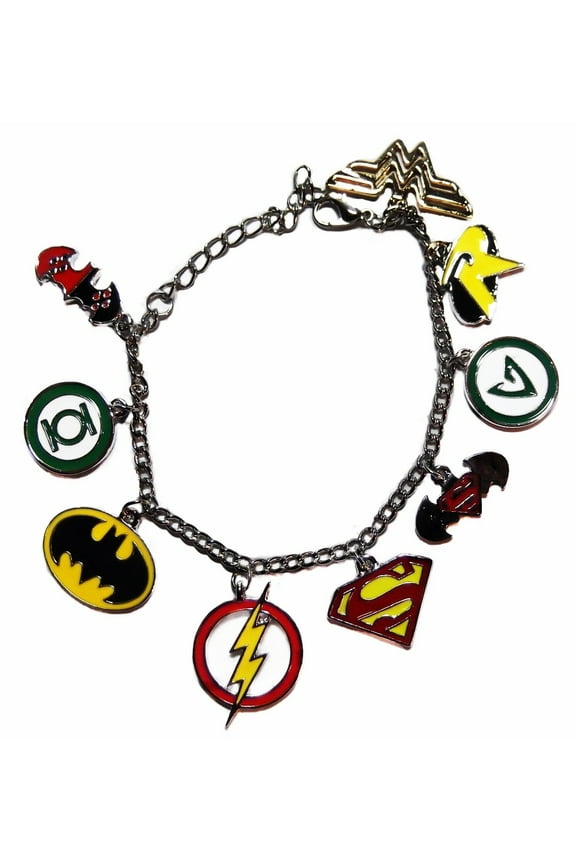 Superheroes 9 Themed Logo Charms Silvertone Metal Charm Bracelet