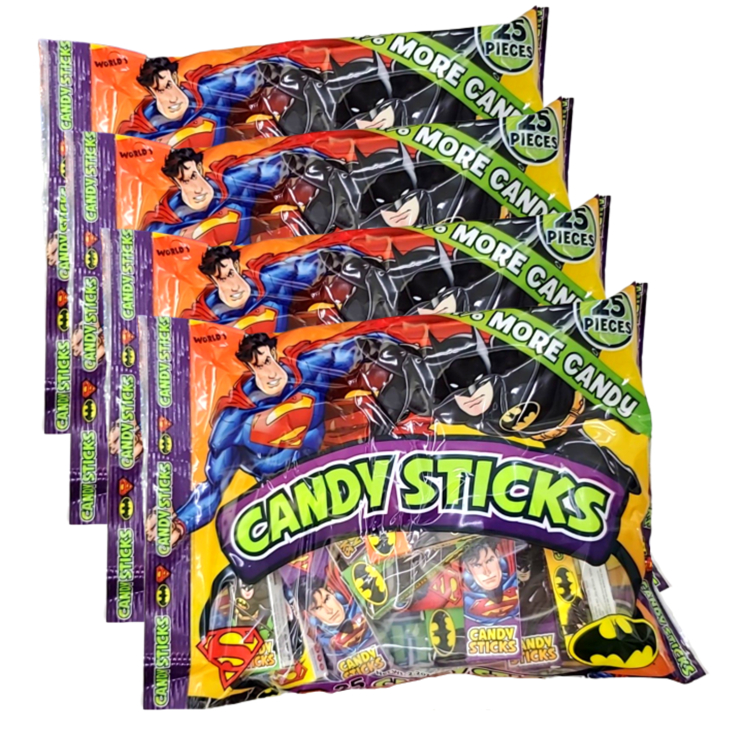 DC Comics Superman and Batman White Candy Sticks Kids Party Favor Treats Stocking Stuffer Gifts on Birthday Halloween Christmas Thanksgiving, 25ct Individual Mini Boxes - Pack of 4