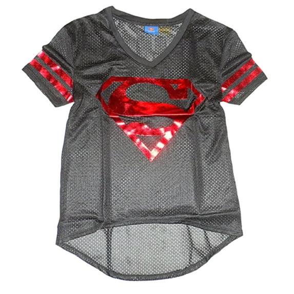 DC Comics Superman Junior Women's Foil Hi-Low Mesh Hockey Style T-Shirt