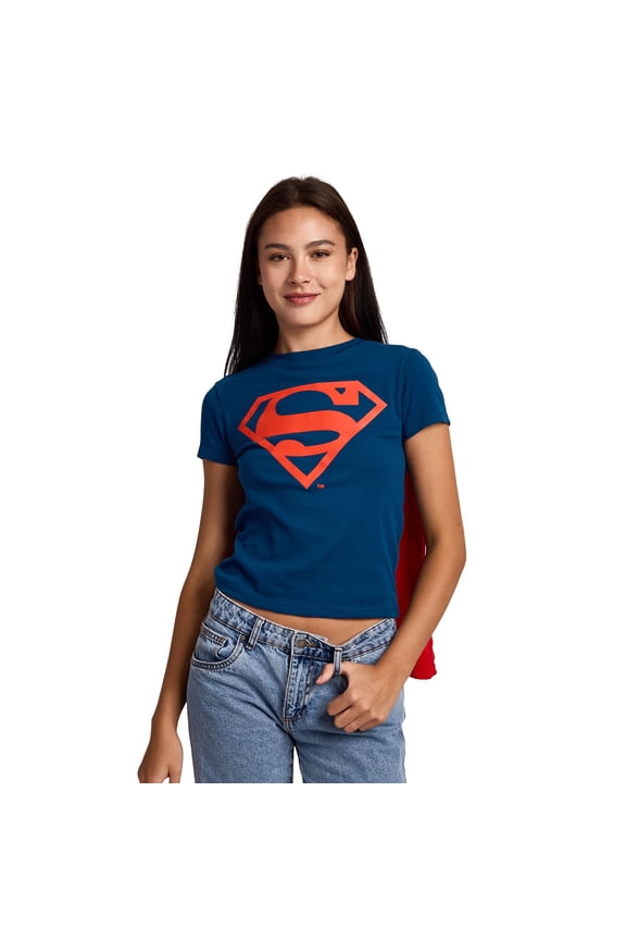 DC Comics Superman Junior's Blue Crew Neck Short Sleeve Caped Tee-XL
