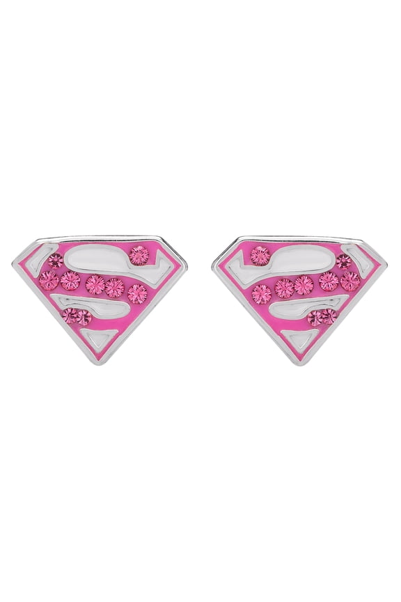 Superman Sterling Silver Rose Crystal S Logo Stud Earrings