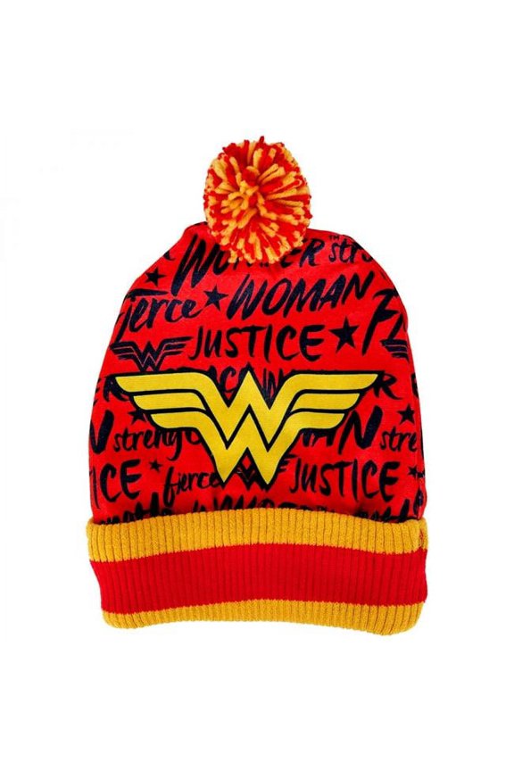 DC Comics Symbol & Attributes Print Pom Cuff Beanie Hat, Red & Yellow