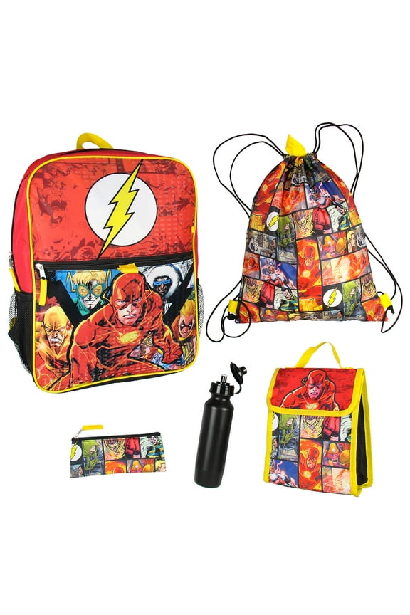 DC Comics The Flash 16" Backpack Cinch Bag Water Bottle Lunch Tote 5 Pc Set
