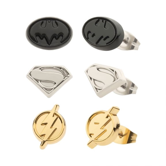 Justice League 883437 Batman Superman & Supergirl Earrings Set, Gold - 3 Pair