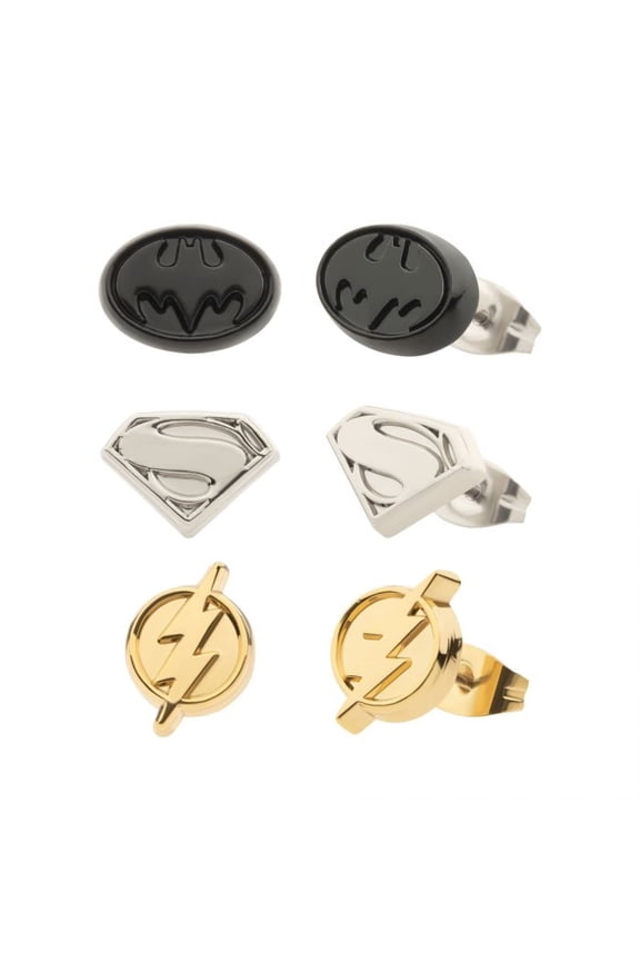883437 Batman Superman & Supergirl Earrings Set, Gold - 3 Pair