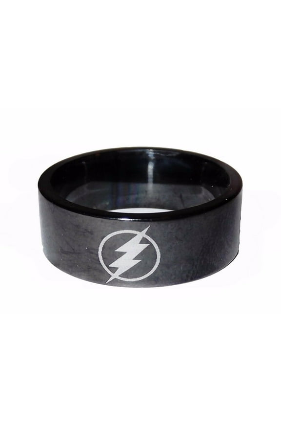 DC Comics The Flash Lightening Bolt Logo Black Stainless Steel Band Ring Size 10