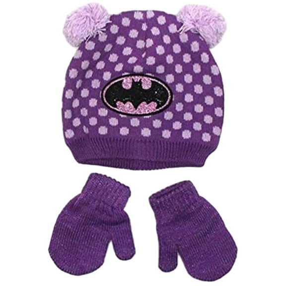 DC Comics Toddler Girls' Batgirl Pom Pom Beanie Hat & Mittens Set (2T-4T, Purple)
