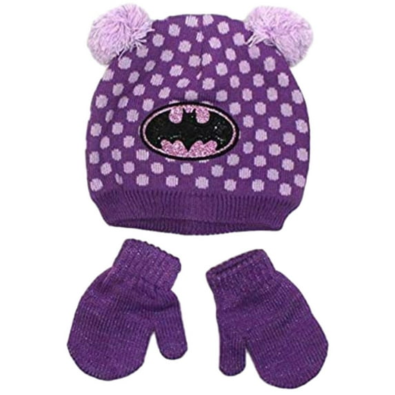 DC Comics Toddler Girls' Batgirl Pom Pom Beanie Hat & Mittens Set (2T-4T, Purple)