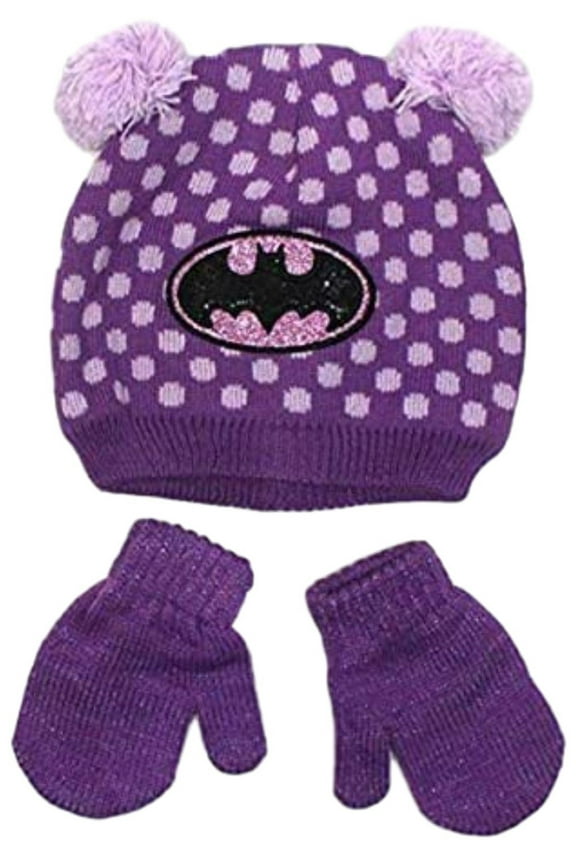 Toddler Girls' Batgirl Pom Pom Beanie Hat & Mittens Set (2T-4T, Purple)