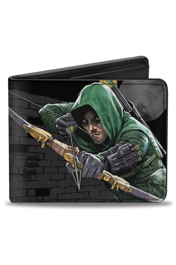 DC Comics Wallet, Bifold, Arrow Aiming Pose Vigilante Bricks Black Grays, Vegan Leather