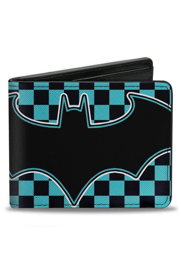 DC Comics Wallet, Bifold, Batman Bat Logo Close Up Checker Teal Black, Vegan Leather