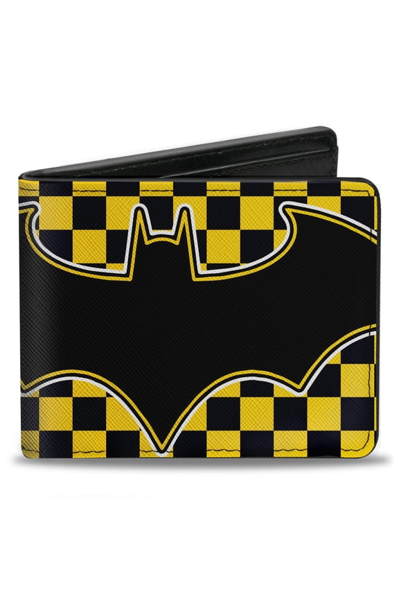 DC Comics Wallet, Bifold, Batman Bat Logo Close Up Checker Yellow Black, Vegan Leather