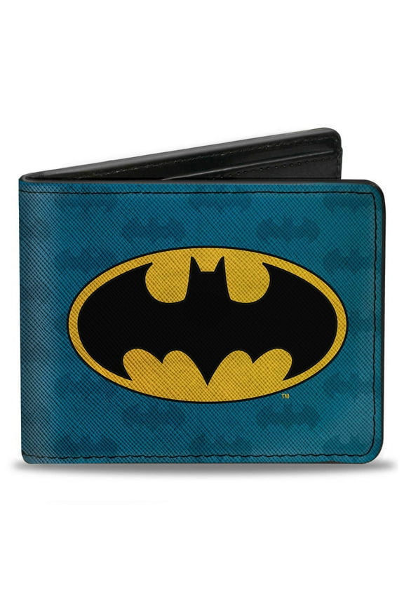 DC Comics Wallet, Bifold, Batman Signal Bat Monogram Distressed Blues Black Yellow, Vegan Leather
