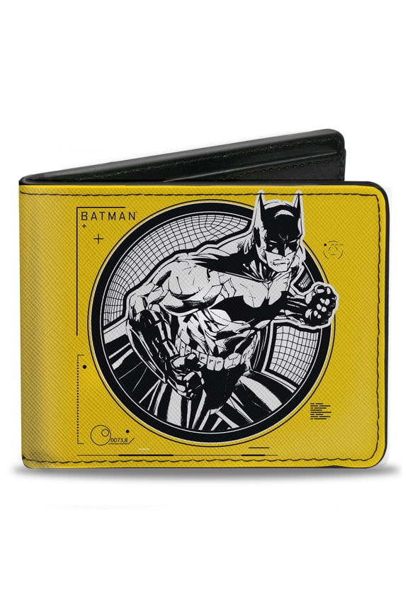 DC Comics Wallet, Bifold, Batman Tech Action Pose Bat Logo Yellow Black White, Vegan Leather