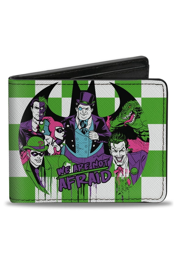 DC Comics Wallet, Bifold, Batman Villains Group Pose Checker Green White, Vegan Leather