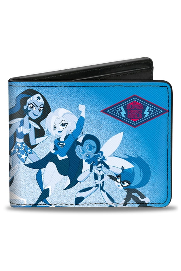 DC Comics Wallet, Bifold, DC Super Hero Girls Diamond Logo Character Group Pose Blues, Vegan Leather
