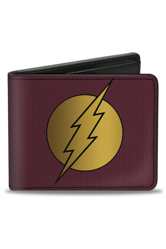 DC Comics Wallet, Bifold, Flash Logo Mesh Lattice Burgundy Black Gold, Vegan Leather