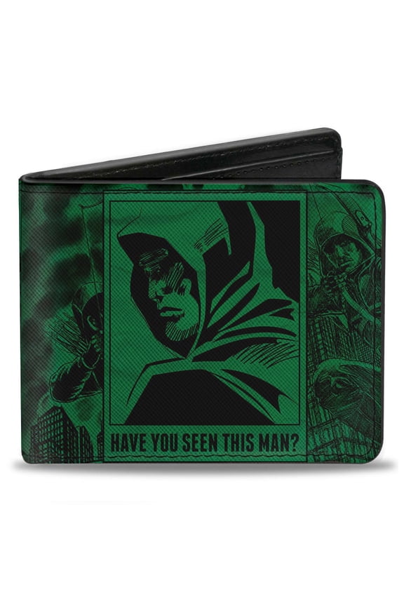 DC Comics Wallet, Bifold, Green Arrow Profile Poses Have You Seen This Man? Green Black, Vegan Leather