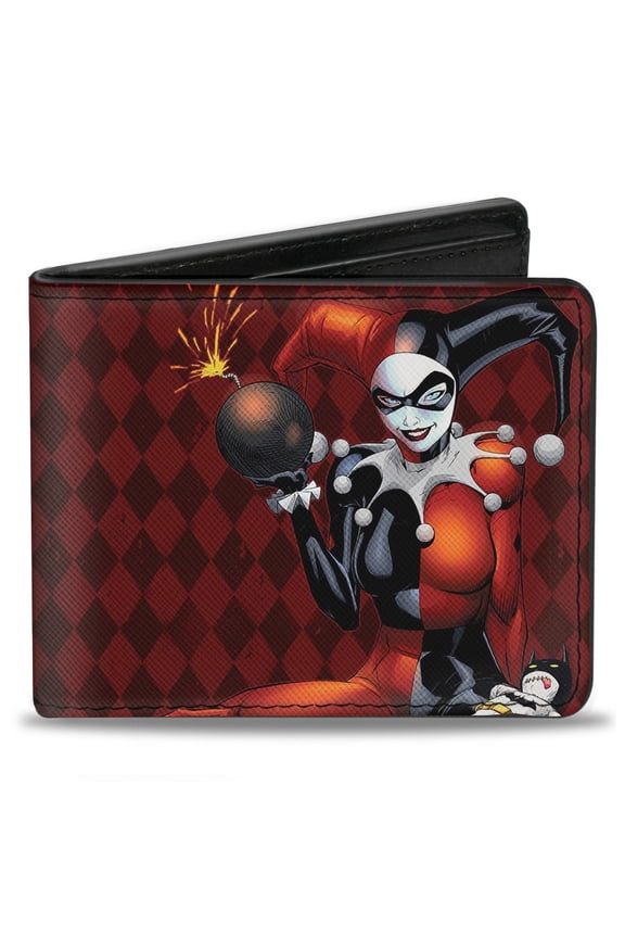 DC Comics Wallet, Bifold, Harley Quinn Batman Voodoo Doll Bomb Hand Stand Reds White, Vegan Leather