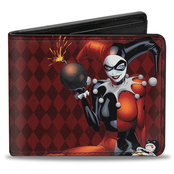 DC Comics Wallet, Bifold, Harley Quinn Batman Voodoo Doll Bomb Hand Stand Reds White, Vegan Leather