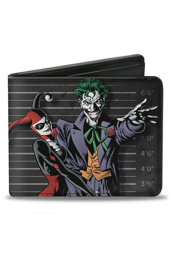 DC Comics Wallet, Bifold, Harley Quinn Hugging Joker Pose Lineup Grays, Vegan Leather