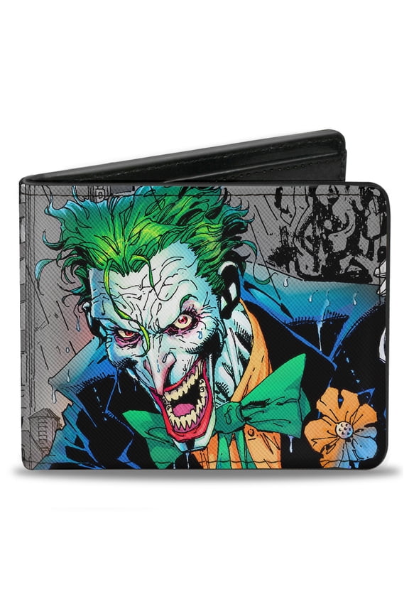 DC Comics Wallet, Bifold, Joker Smiling Gun Bang Alley Pose Close Up, Vegan Leather