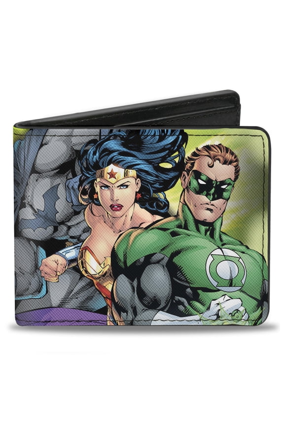 DC Comics Wallet, Bifold, Justice Leage Superheroes and Villains Group Pose Glow Burst, Vegan Leather