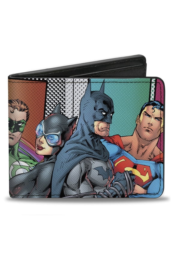 DC Comics Wallet, Bifold, Justice Leage Superheroes and Villains Pose Block Multi Color, Vegan Leather