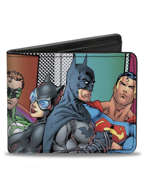 DC Comics Wallet, Bifold, Justice Leage Superheroes and Villains Pose Block Multi Color, Vegan Leather
