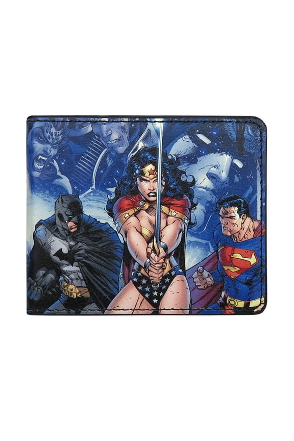 DC Comics Wallet, Bifold, Justice League Infinite Crisis Issue 1 Cover Capes Sword Blue, Vegan Leather