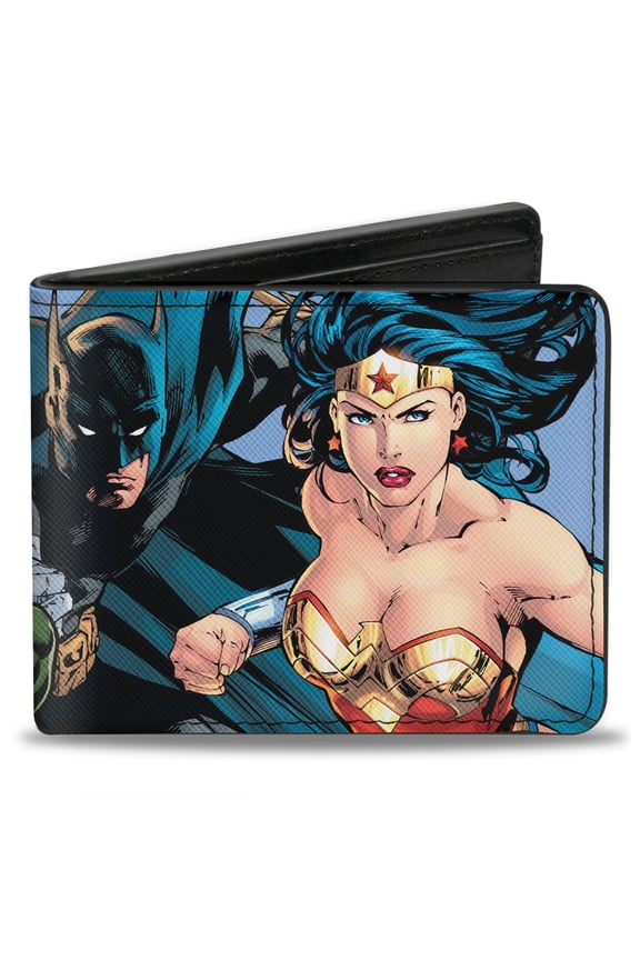 DC Comics Wallet, Bifold, Justice League New 52 Superhero Group Action Poses Sky Blue, Vegan Leather