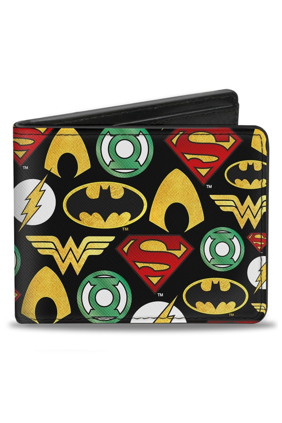 DC Comics Wallet, Bifold, Justice League Superhero Logos Collage Black, Vegan Leather