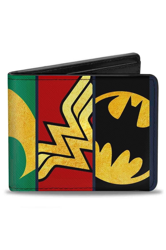 DC Comics Wallet, Bifold, Justice League Superhero Textured Logo Close Up Panels, Vegan Leather