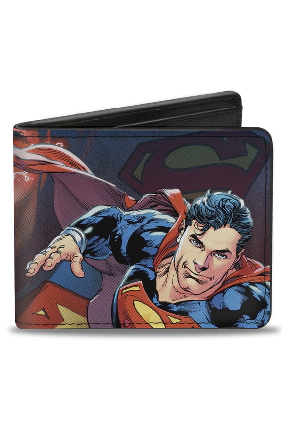 DC Comics Wallet, Bifold, Superman Flying Pose Shield Heat Vision Eyes Pose Close Up, Vegan Leather