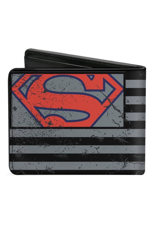 DC Comics Wallet, Bifold, Superman Shield Americana Weathered Gray Black Blue Red, Vegan Leather