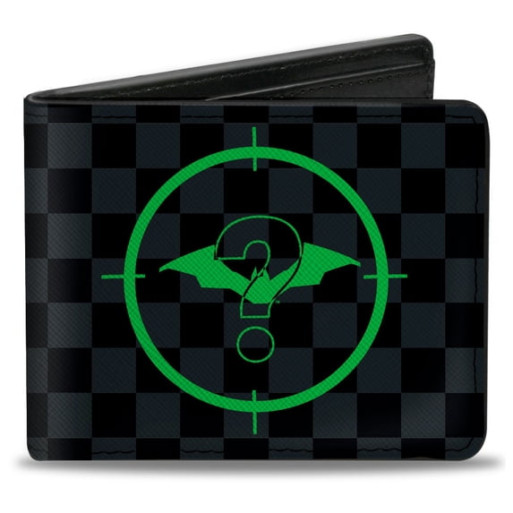 DC Comics Wallet, Bifold, The Batman Movie Batman and Riddler Target Logo Checker Gray, Vegan Leather