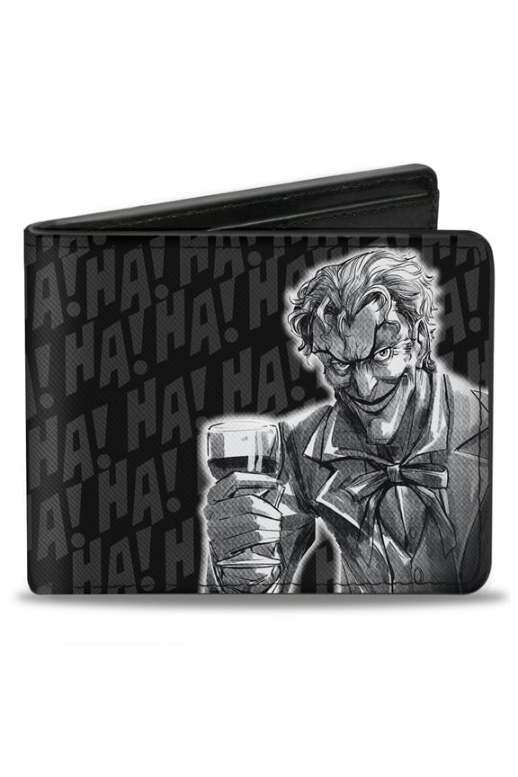 DC Comics Wallet, Bifold, The Joker Wine Glass Pose Ha Ha Black Grays White, Vegan Leather